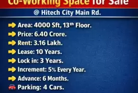 Sale of commercial property with CO- WORKING SPACE at Hitechcity main road,(GRADE ‘A’ BUILDING), Hyderabad, 4000 Sq ft
